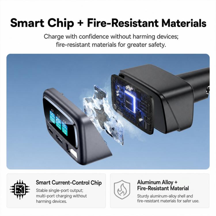 Caricabatterie da auto Yesido Y75 da 105 W con display TFT, 3 porte: 1 USB-A e 2 USB-C, adattatore per ricarica rapida.