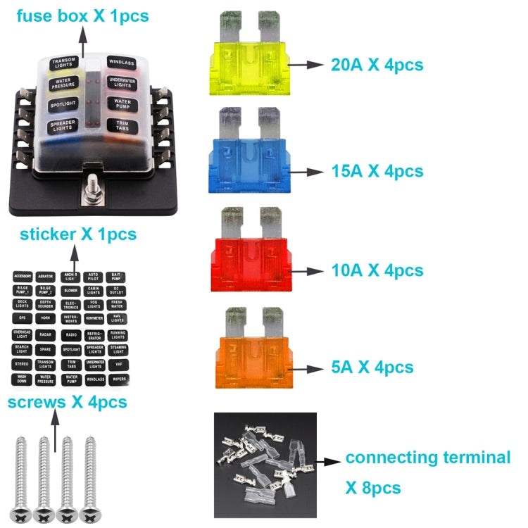 Kit portafusibili 1 in 8 uscite con LED per auto e barca