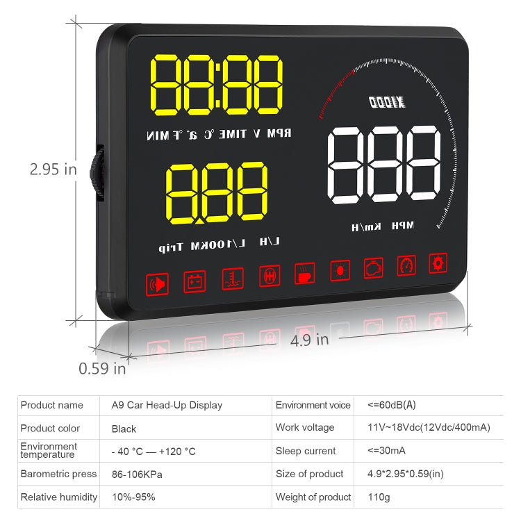 Display Head Up A9 HUD OBD2 universale 5,5 pollici