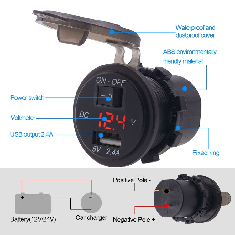 Adattatore USB auto 2.4A con voltmetro digitale e cavo 60 cm