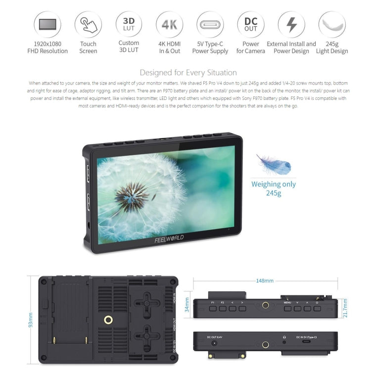 FEELWORLD F5 Pro V4 Touch Screen da 6 pollici DSLR Monitor da campo per fotocamera 3D LUT 4K HDMI Ingresso Uscita Braccio inclinabile, F5 Pro V4