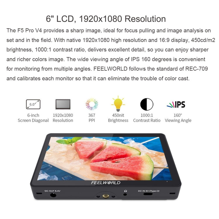 FEELWORLD F5 Pro V4 Touch Screen da 6 pollici DSLR Monitor da campo per fotocamera 3D LUT 4K HDMI Ingresso Uscita Braccio inclinabile, F5 Pro V4