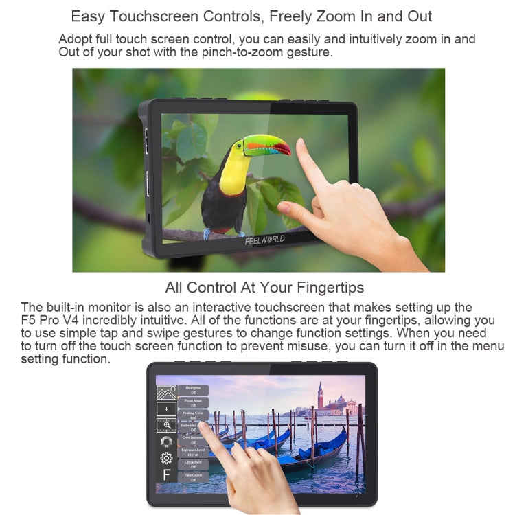 FEELWORLD F5 Pro V4 Touch Screen da 6 pollici DSLR Monitor da campo per fotocamera 3D LUT 4K HDMI Ingresso Uscita Braccio inclinabile, F5 Pro V4