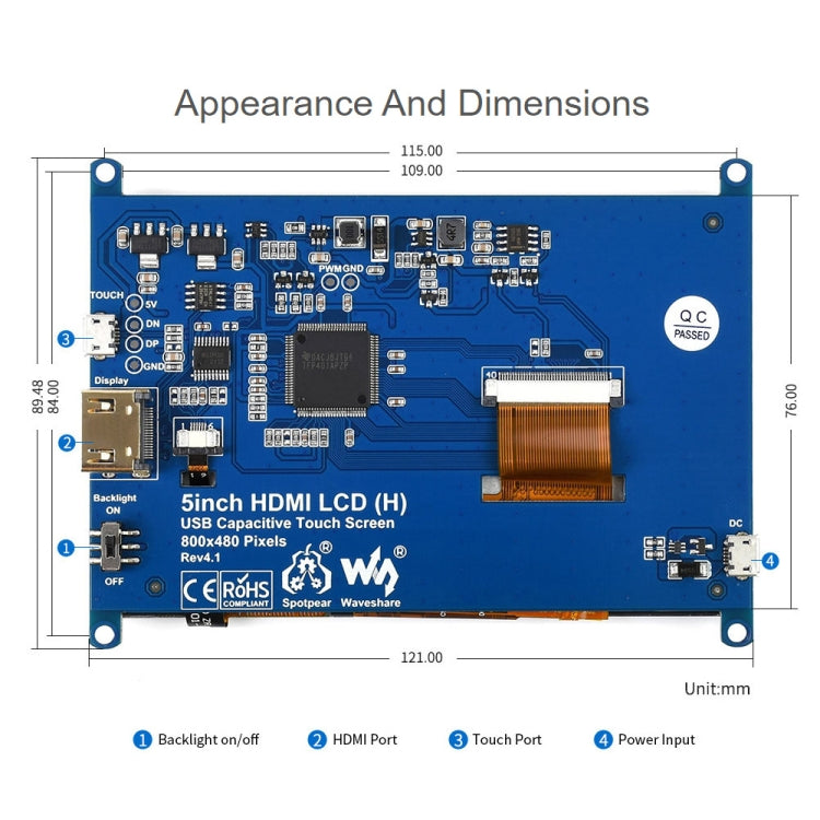 Touchscreen capacitivo 5 pollici con vetro temperato 800x480