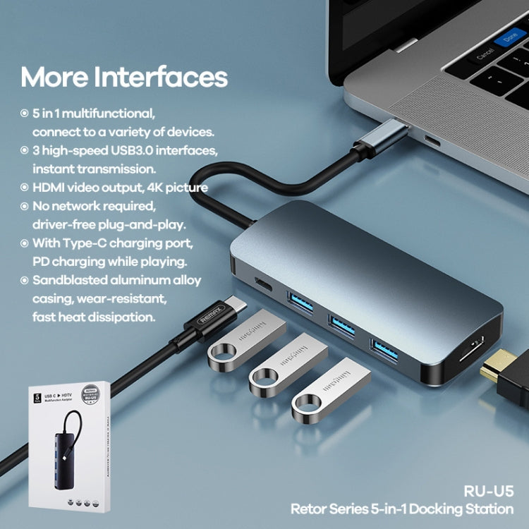 Remax RU-U5 Docking Station USB-C 5 in 1 in alluminio