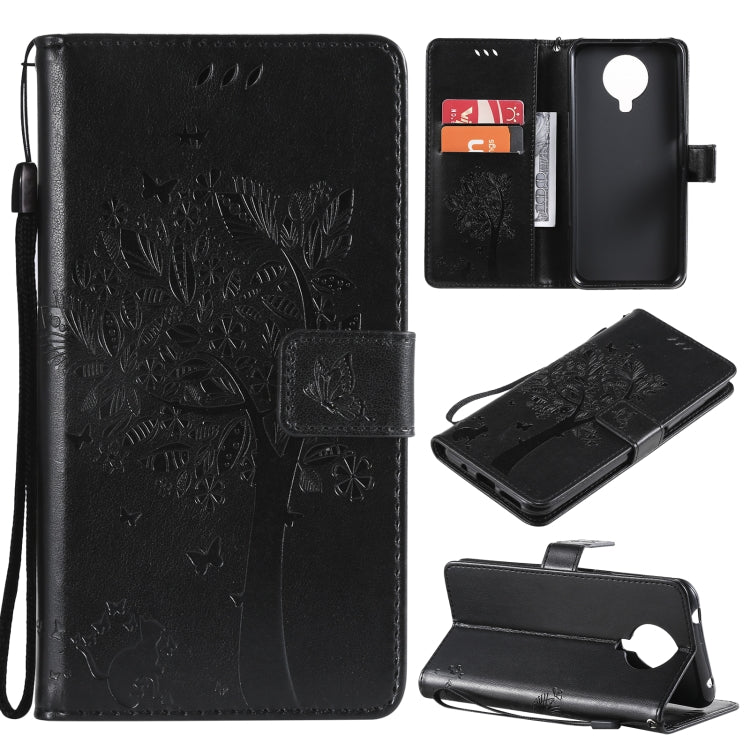 Custodia in pelle sintetica a vibrazione orizzontale con motivo ad albero e gatto con supporto e fessure per carte, portafoglio e cordino, For Nokia G10, For Nokia X20