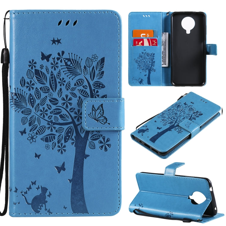 Custodia in pelle sintetica a vibrazione orizzontale con motivo ad albero e gatto con supporto e fessure per carte, portafoglio e cordino, For Nokia G10, For Nokia X20