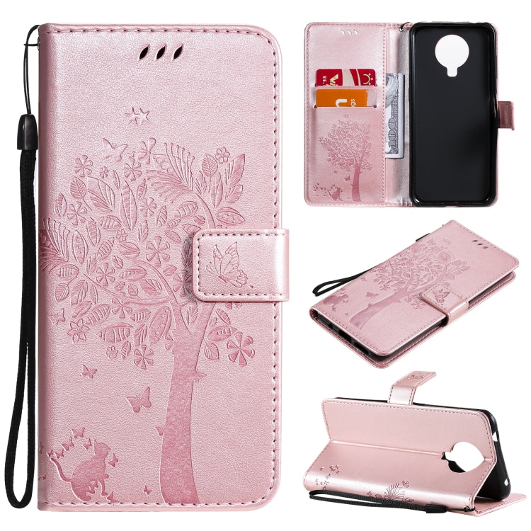 Custodia in pelle sintetica a vibrazione orizzontale con motivo ad albero e gatto con supporto e fessure per carte, portafoglio e cordino, For Nokia G10, For Nokia X20