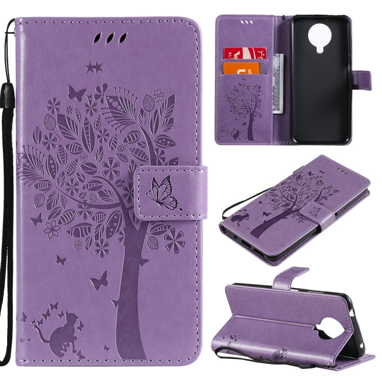 Custodia in pelle sintetica a vibrazione orizzontale con motivo ad albero e gatto con supporto e fessure per carte, portafoglio e cordino, For Nokia G10, For Nokia X20