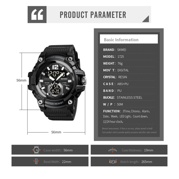 SKMEI 1725 Orologio digitale LED impermeabile 50m