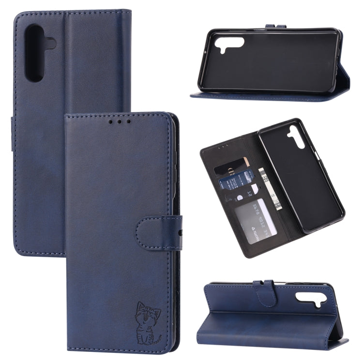 Custodia portafoglio in pelle con motivo Happy Cat per Galaxy S22