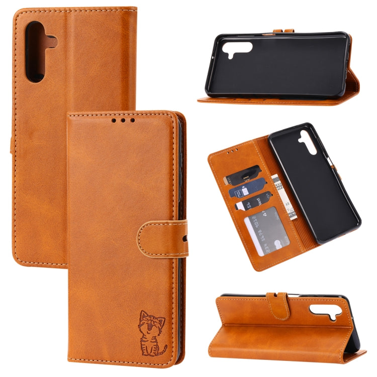 Custodia portafoglio in pelle con motivo Happy Cat per Galaxy S22