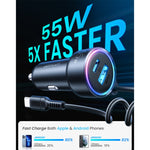 Caricabatterie auto Joyroom 3 in 1 55W USB-C PD con cavo a molla