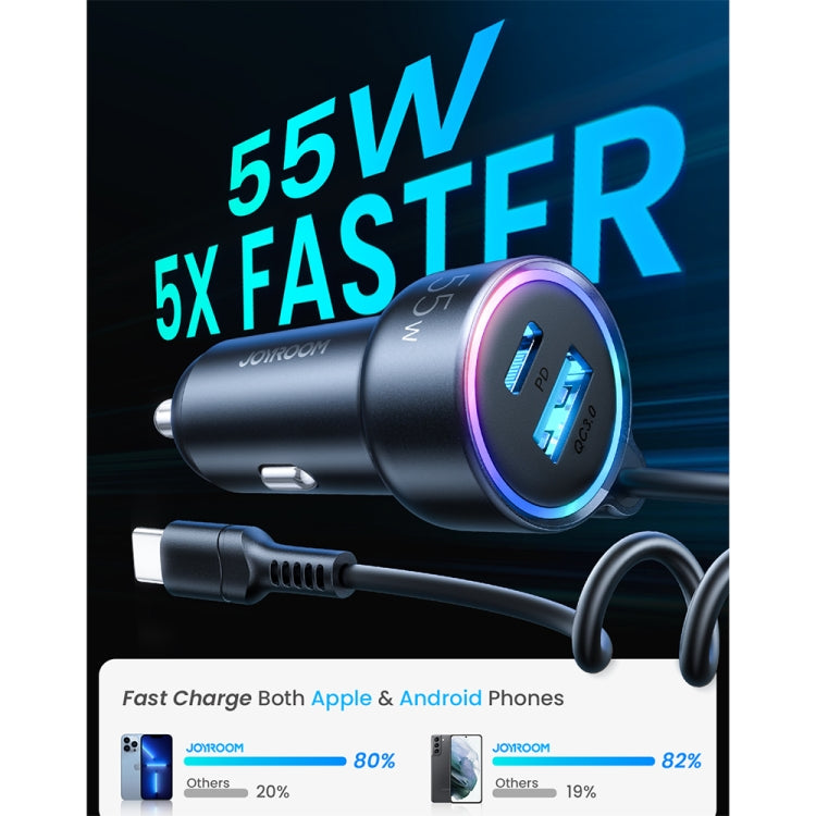 Caricabatterie auto Joyroom 3 in 1 55W USB-C PD con cavo a molla