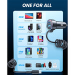 Caricabatterie auto Joyroom 3 in 1 55W USB-C PD con cavo a molla