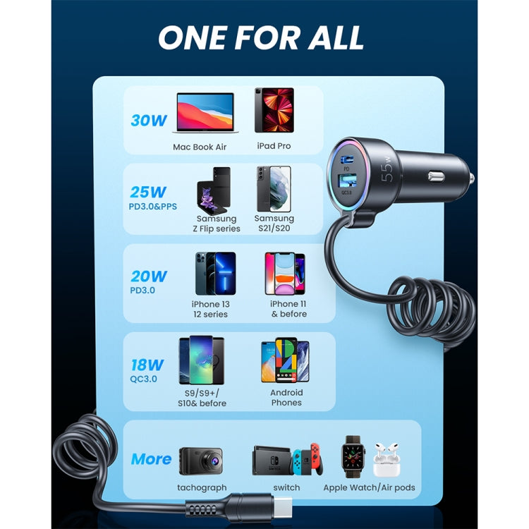 Caricabatterie auto Joyroom 3 in 1 55W USB-C PD con cavo a molla