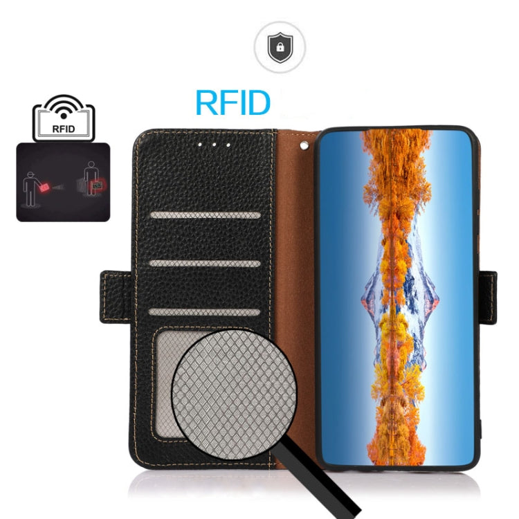 Custodia in vera pelle RFID con texture Litchi per OnePlus Nord 2T 5G