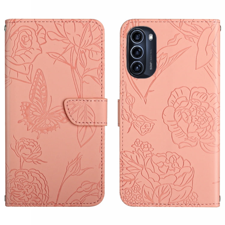 Custodia per cellulare in pelle goffrata con peonia a farfalla per Motorola Moto
