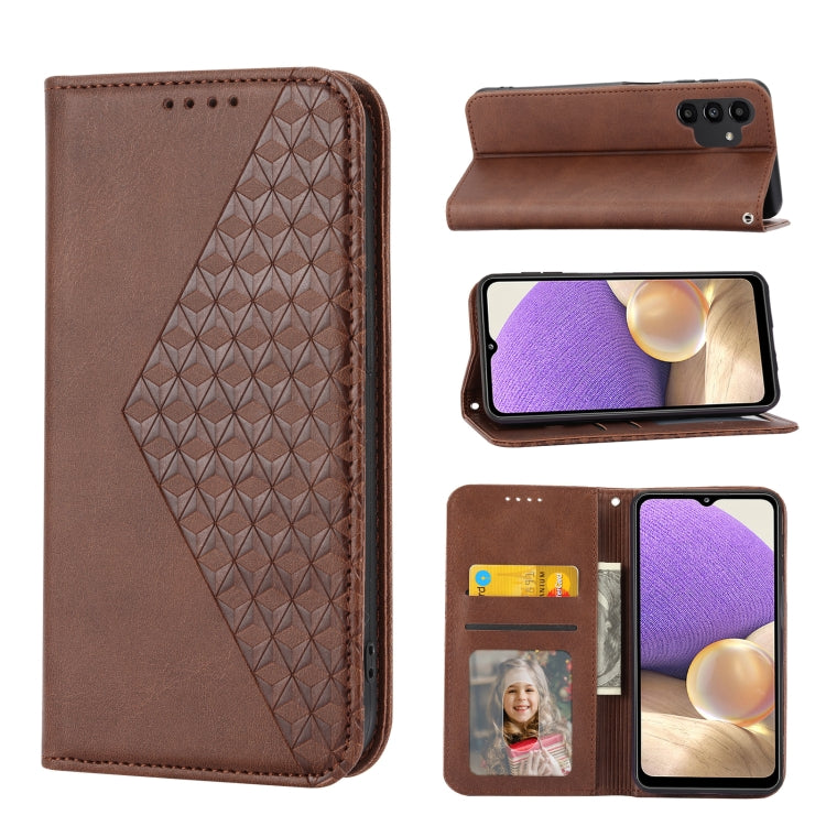 Custodia per telefono in pelle con chiusura magnetica a griglia cubica in vitello, For Samsung Galaxy A22 5G JP Version, For Samsung Galaxy A03s 166mm, For Samsung Galaxy A03s 165.8mm, For Samsung Galaxy A13 4G / 5G