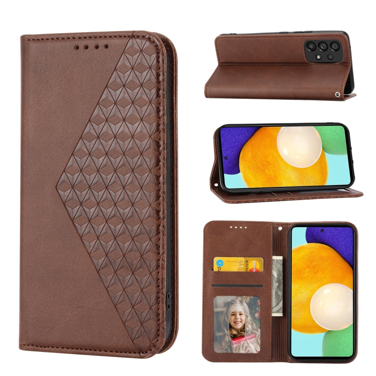 Custodia per telefono in pelle con chiusura magnetica a griglia cubica in vitello, For Samsung Galaxy A53 5G, For Samsung Galaxy A73 5G