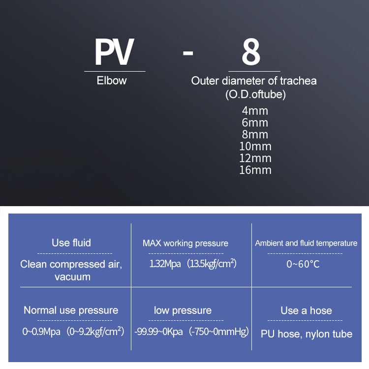 Connettore pneumatico a gomito in plastica PV-4 a PV-16 10 pezzi