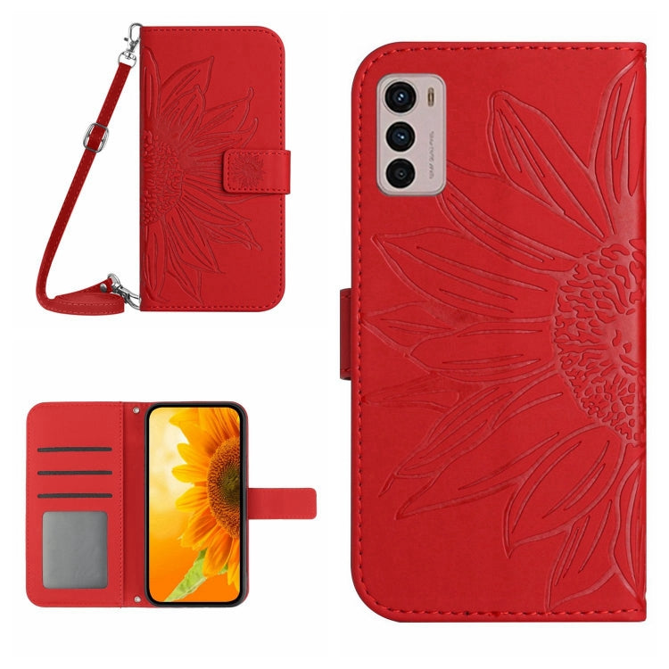 Skin Feel Custodia per cellulare in pelle con motivo a fiori di sole con cordino, For Motorola Moto G42, For Motorola Moto G50
