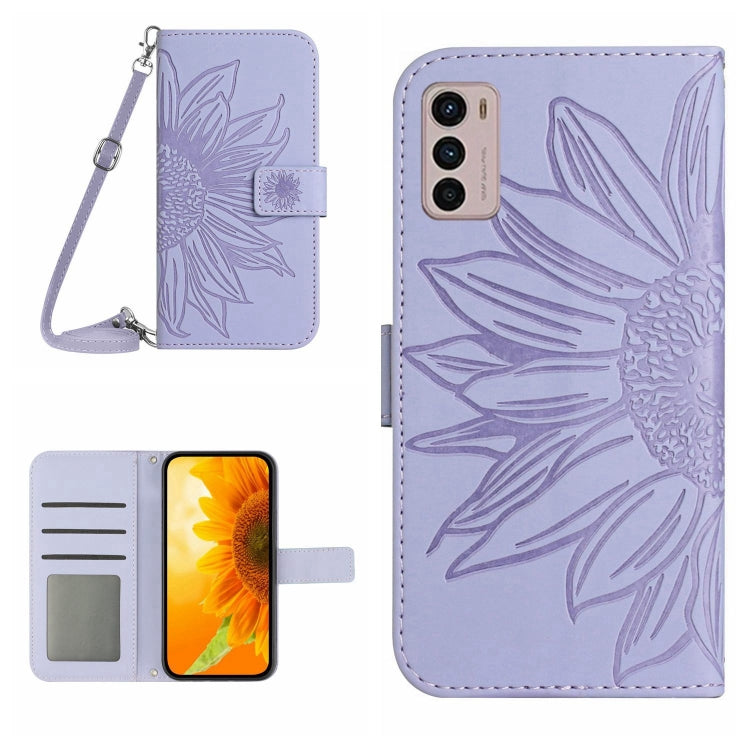 Skin Feel Custodia per cellulare in pelle con motivo a fiori di sole con cordino, For Motorola Moto G42, For Motorola Moto G50