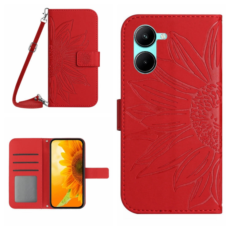 Skin Feel Custodia per cellulare in pelle con motivo a fiori di sole con cordino, For Realme 10 4G, For Realme 10 5G