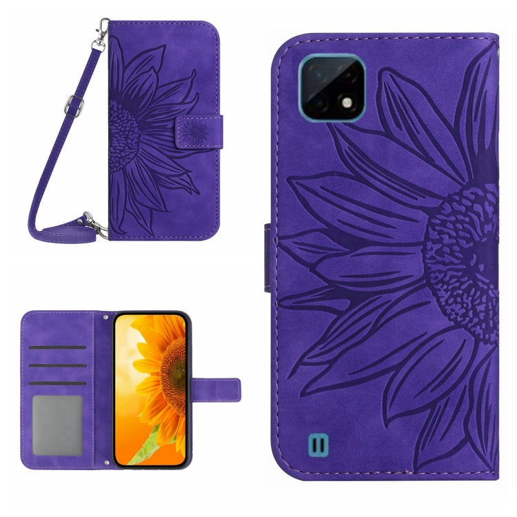 Skin Feel Custodia per cellulare in pelle con motivo a fiori di sole con cordino, For Realme C11, For Realme C12/C15/C25