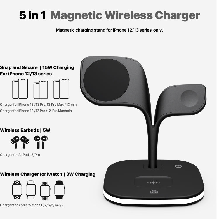 Caricabatterie wireless magnetico 5 in 1 da 15W