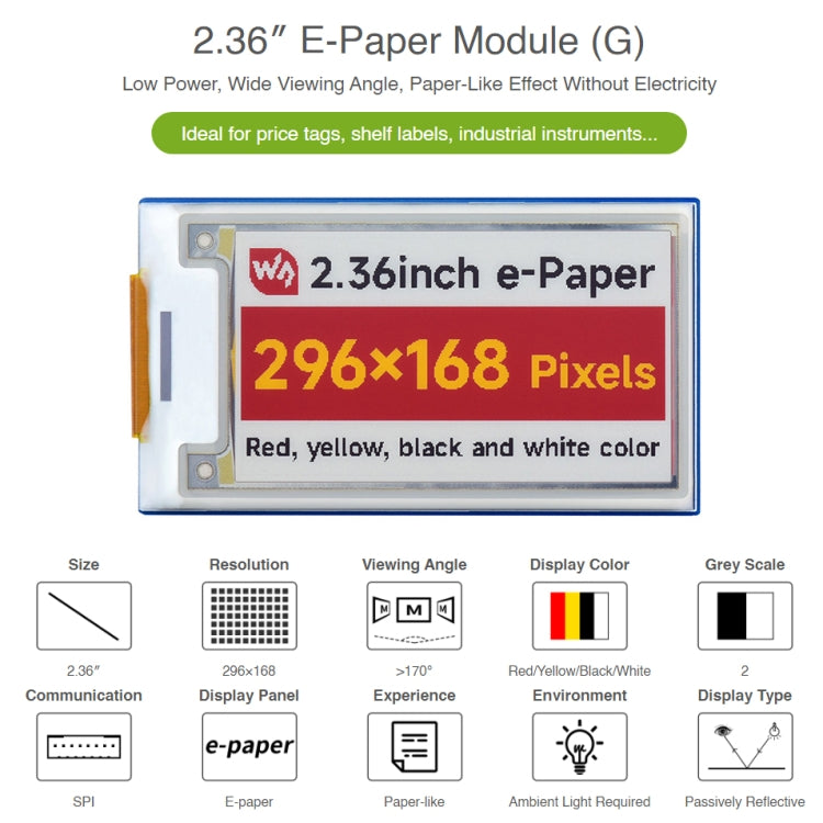 Modulo E-paper Waveshare 2,36" 296x168 pixel SPI