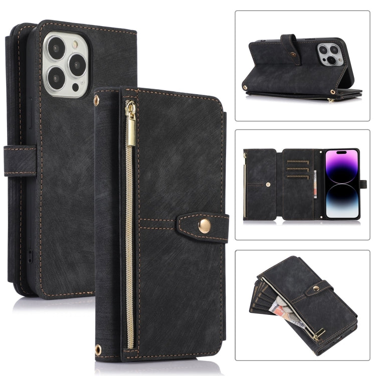 Custodia portafoglio in pelle con cerniera per iPhone 14 Pro Max