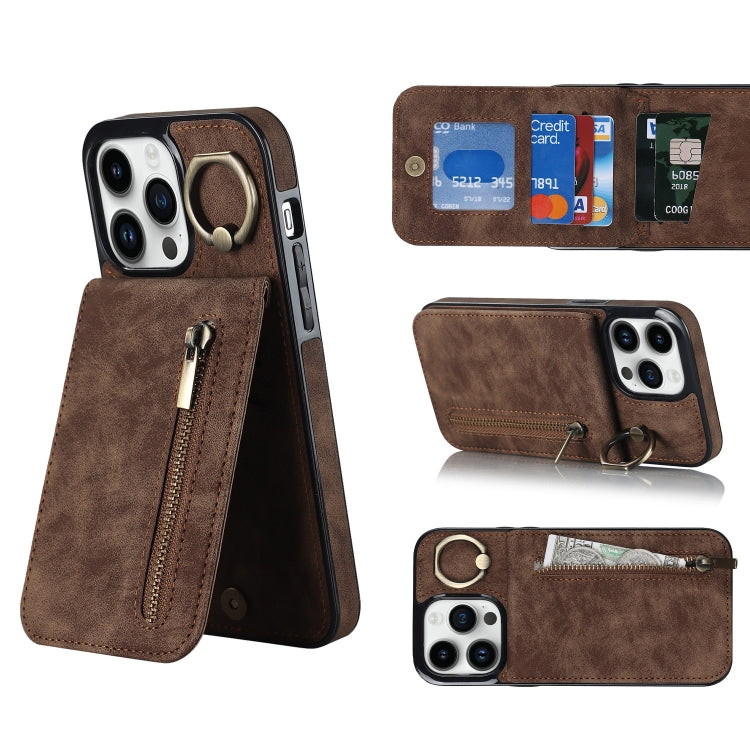 Anello retrò e custodia per telefono con slot per schede RFID con cerniera, For iPhone 14, For iPhone 14 Plus, For iPhone 14 Pro, For iPhone 14 Pro Max