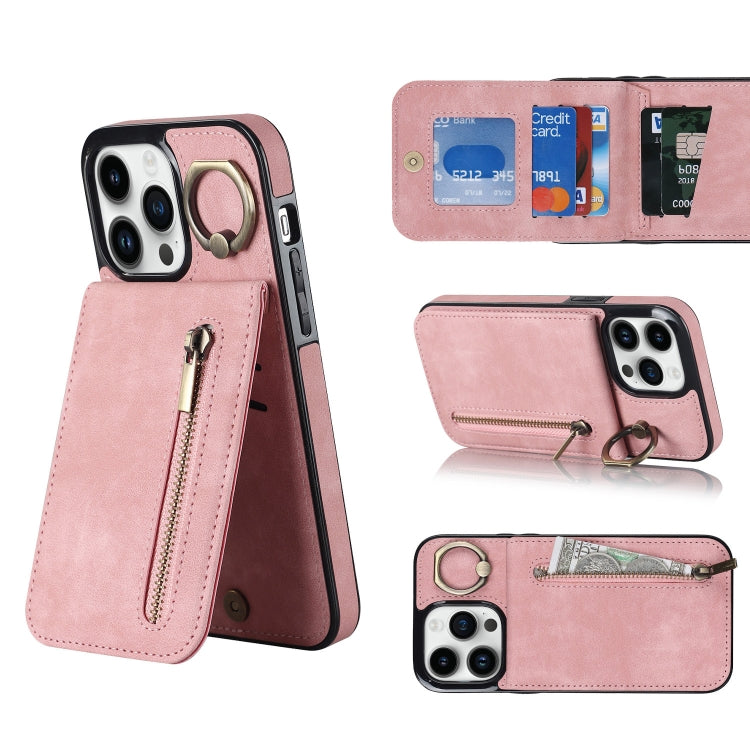 Anello retrò e custodia per telefono con slot per schede RFID con cerniera, For iPhone 14, For iPhone 14 Plus, For iPhone 14 Pro, For iPhone 14 Pro Max