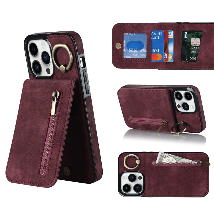 Anello retrò e custodia per telefono con slot per schede RFID con cerniera, For iPhone 14, For iPhone 14 Plus, For iPhone 14 Pro, For iPhone 14 Pro Max
