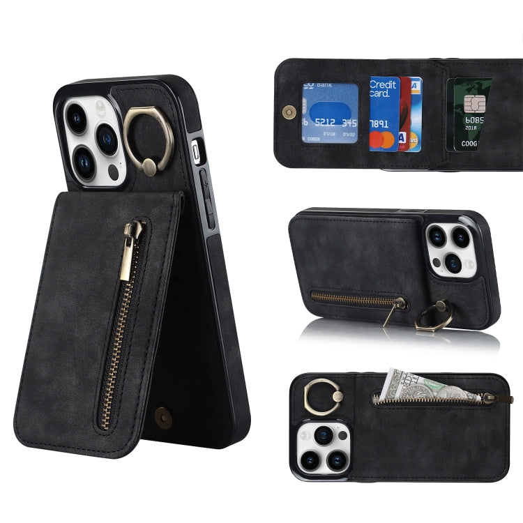 Anello retrò e custodia per telefono con slot per schede RFID con cerniera, For iPhone 14, For iPhone 14 Plus, For iPhone 14 Pro, For iPhone 14 Pro Max
