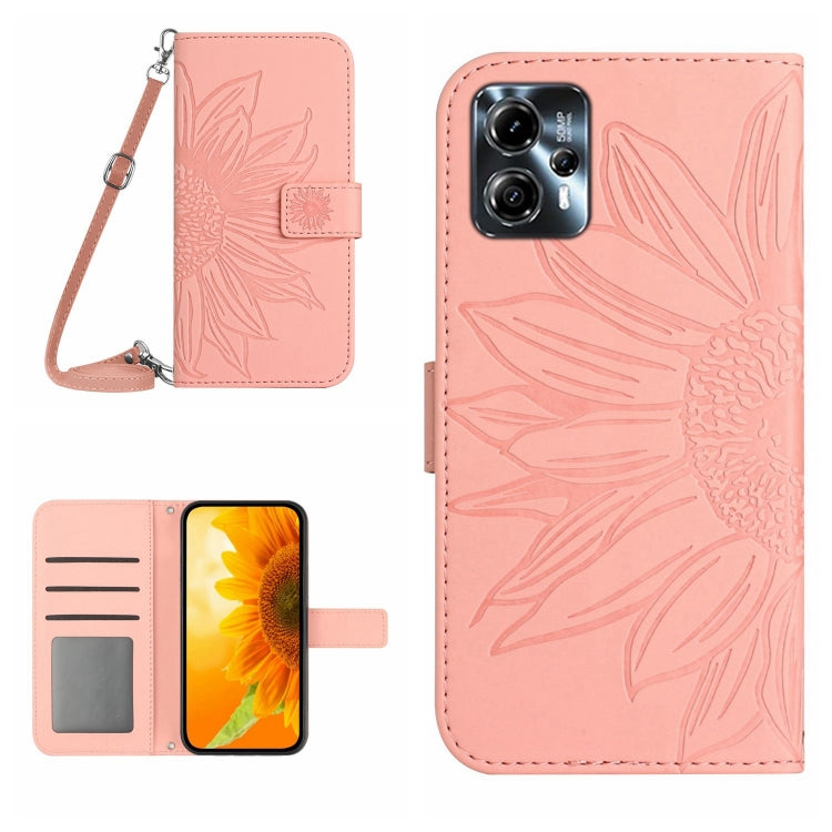 HT04 Skin Feel Sun Flower Custodia in pelle con flip in rilievo con cordino, For Motorola Moto G23 4G/G13 4G, For Motorola Moto G53 5G/G13/G23