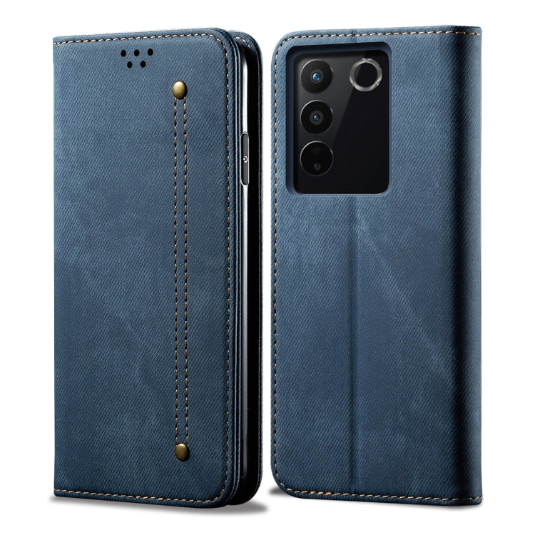 Custodia portafoglio in pelle con texture denim per Vivo S16 e Sa