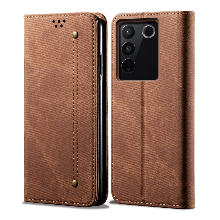 Custodia portafoglio in pelle con texture denim per Vivo S16 e Sa