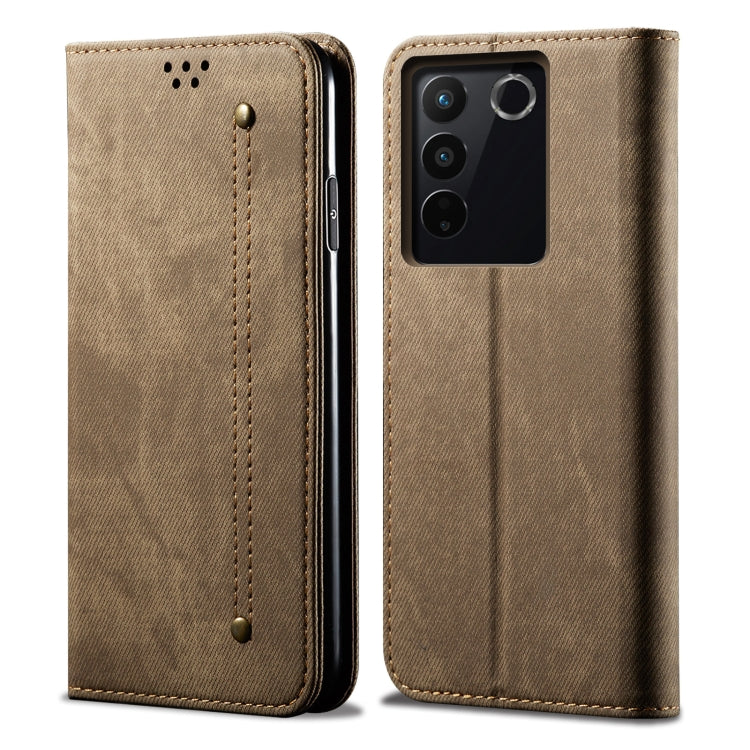 Custodia portafoglio in pelle con texture denim per Vivo S16 e Sa