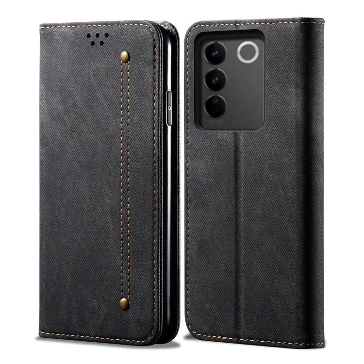 Custodia portafoglio in pelle con texture denim per Vivo S16 e Sa
