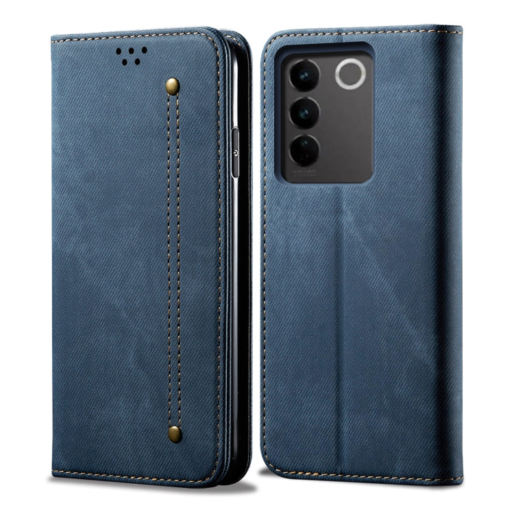 Custodia portafoglio in pelle con texture denim per Vivo S16 e Sa