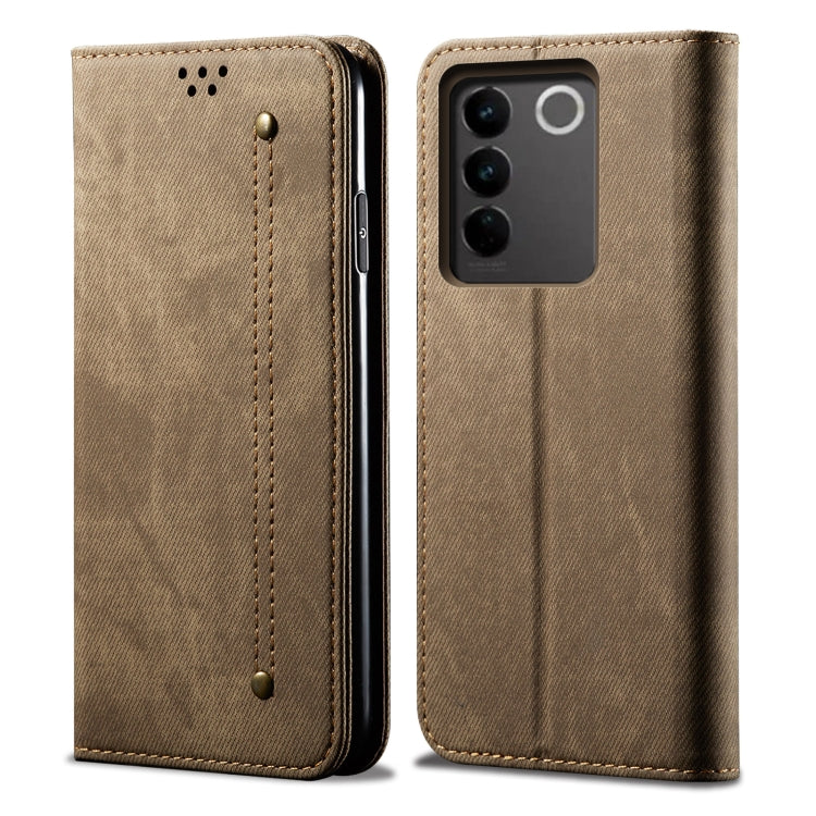 Custodia portafoglio in pelle con texture denim per Vivo S16 e Sa