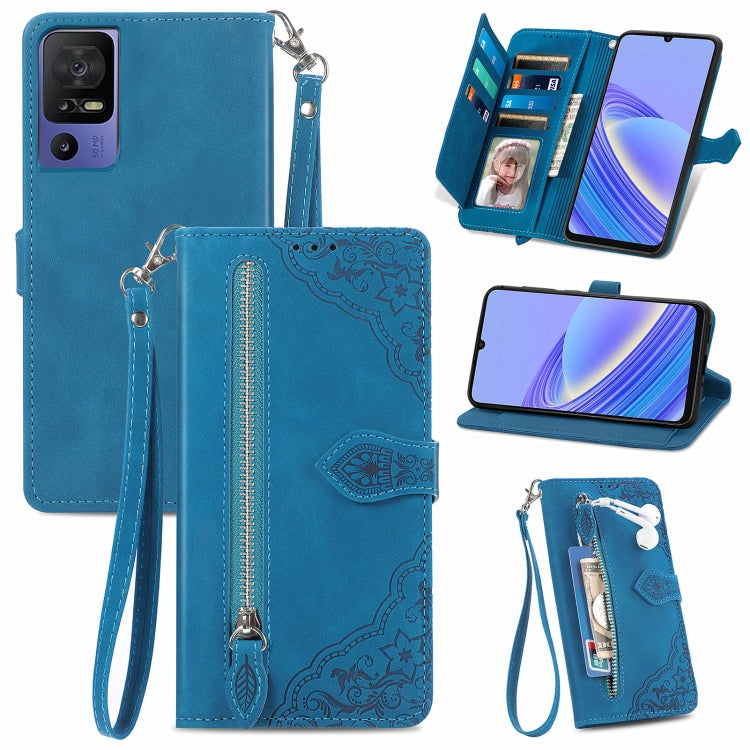 Custodia per telefono in pelle con cerniera fiore in rilievo, For Realme C55, For TCL 40R, For TCL 40 SE, For TCL 403