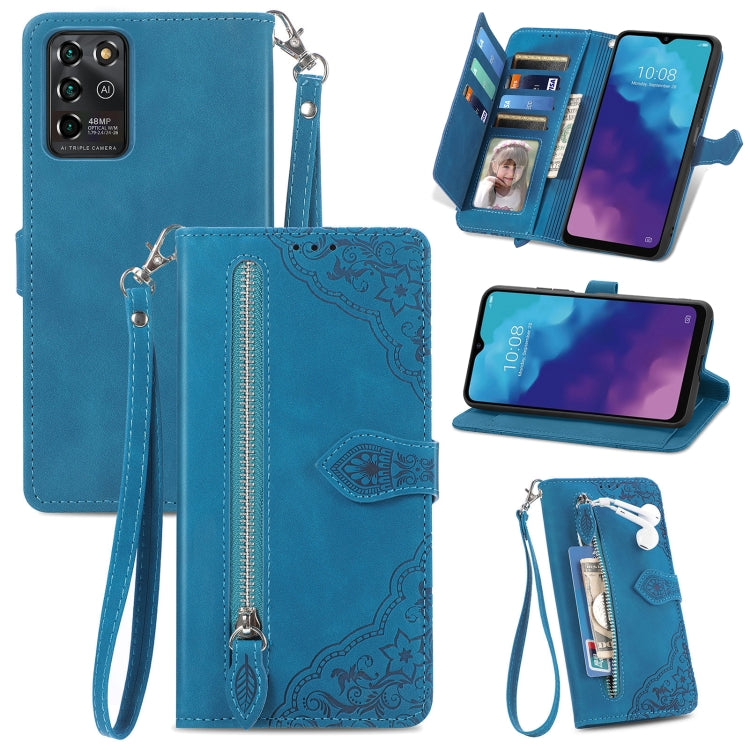 Custodia per telefono in pelle con cerniera fiore in rilievo, For ZTE Blade V30 Vita