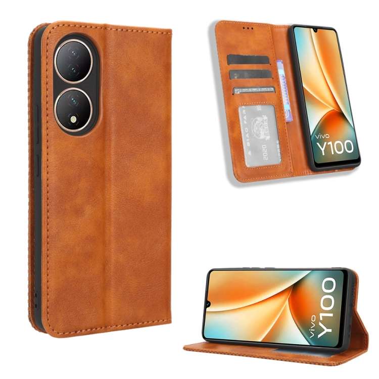 Custodia per telefono in pelle con trama retrò con fibbia magnetica, For vivo Y100 5G, For vivo Y33T / Y33s / Y21 / Y21s, For vivo Y33T 2023 V2317A