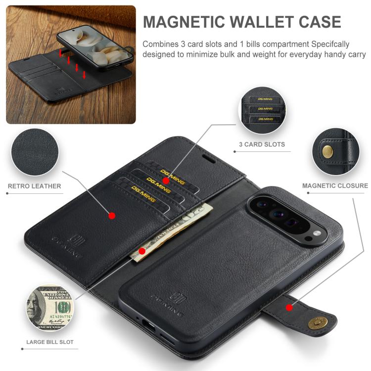 Custodia per telefono in pelle magnetica staccabile con struttura Crazy Horse DG.MING, For Google Pixel 10 Pro XL, For Google Pixel 10 / 10 Pro, For Google Pixel 9a, For Google Pixel 8a