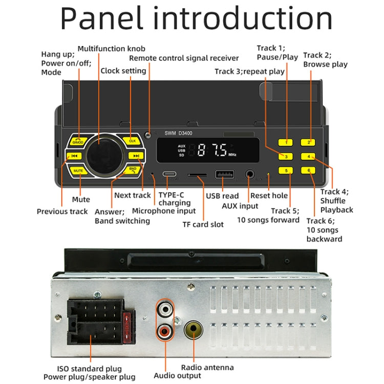 SWM D3400 Lettore MP3 Bluetooth per auto con radio FM
