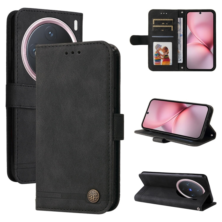 Custodia pelle con bottone metallo albero della vita per vivo Y300 Pro, Y28 4G