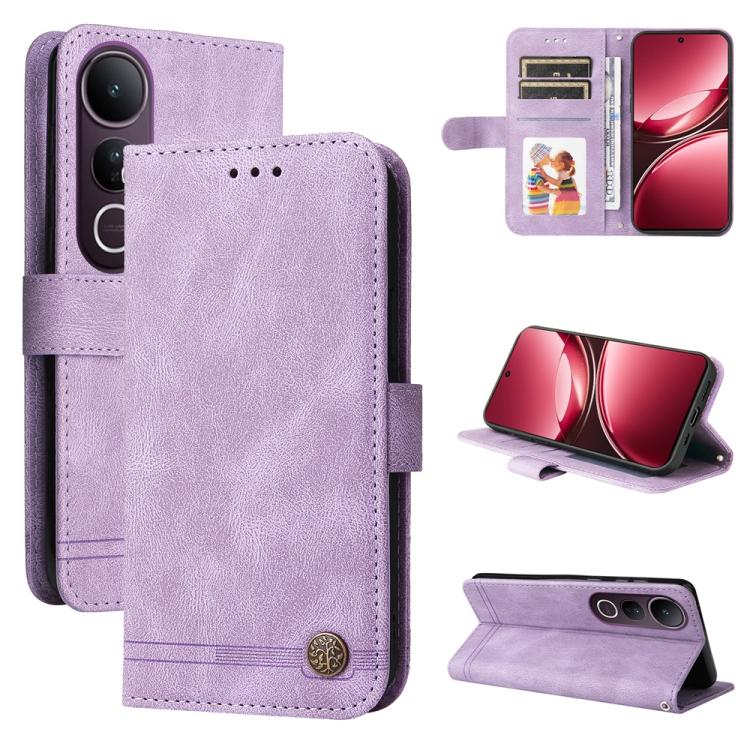 Custodia in pelle con bottone metallo e albero della vita per vivo V50 Lite